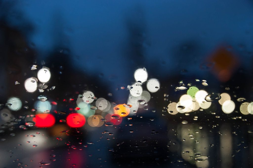 A bokeh affect of headlights through a blurry car window near Lancaster, OH.