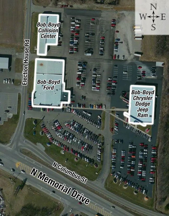 Map showing Bob-Boyd Collision Center in relation to Bob-Boyd Ford and Bob-Boyd CDJR